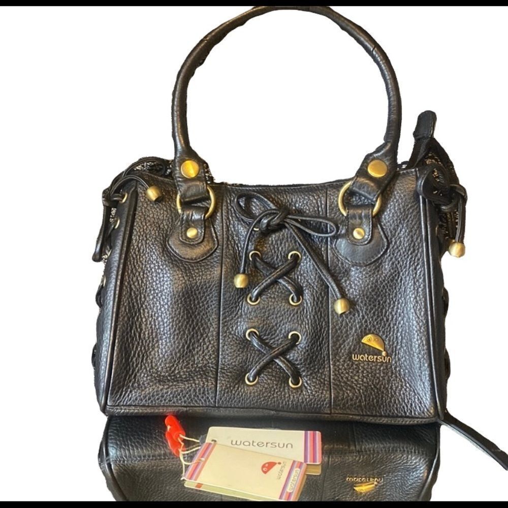 Watersun Australia nwt black leather tote laced up w gold hardware edgy moto